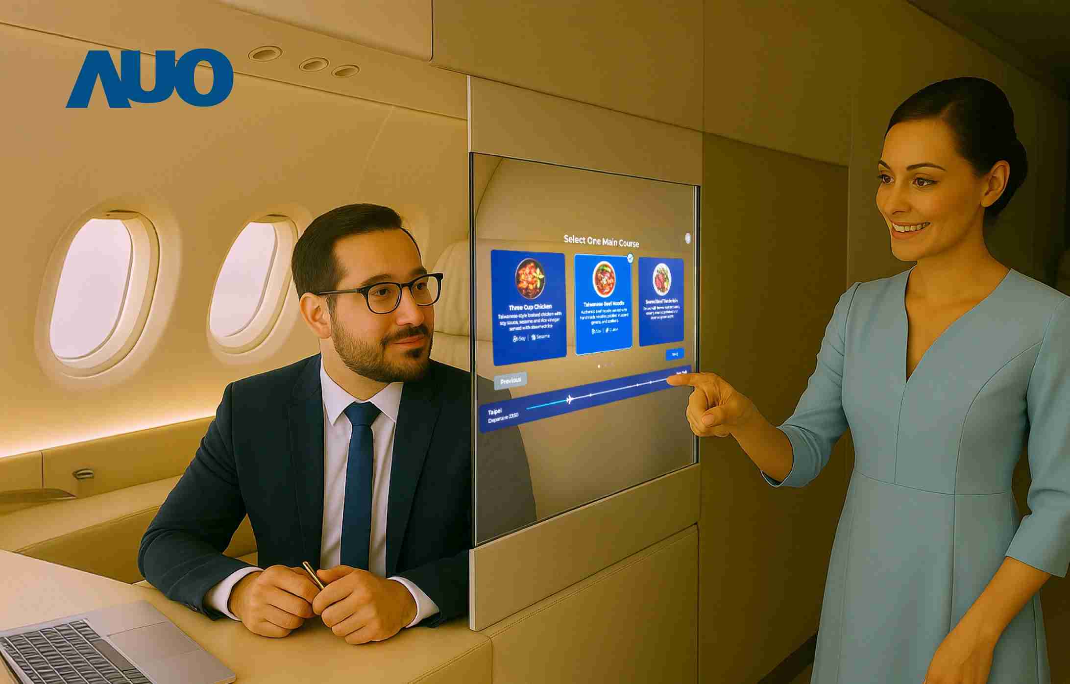 Wepay研发全球最薄17.3 吋双面透明 Micro LED 显示器，，，，可在同一屏幕之双边投射不同信息，，，创造独特的”透明化”互动；图为实时翻译交流应用情境